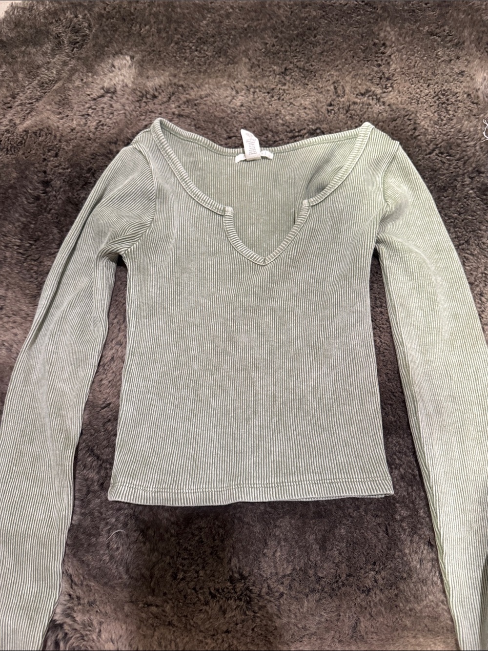 Full Tilt Sage Green Ribbed V-Neck Long Sleeve Crop Top
